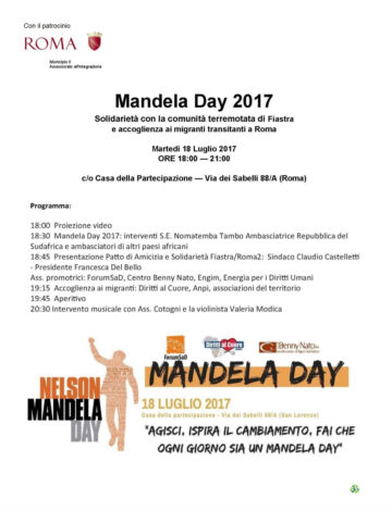 18 LUGLIO 2017 MANDELA DAY 2017 NEL II MUNICIPIO  “AGISCI, ISPIRA IL CAMBIAMENTO, FAI CHE OGNI GIORNO SIA UN MANDELA DAY“